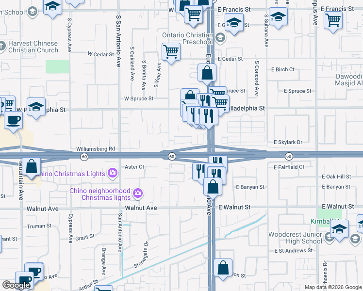 map of restaurants, bars, coffee shops, grocery stores, and more near 2381 Via Promenade in Ontario
