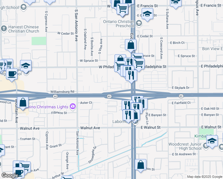 map of restaurants, bars, coffee shops, grocery stores, and more near 2381 Via Promenade in Ontario