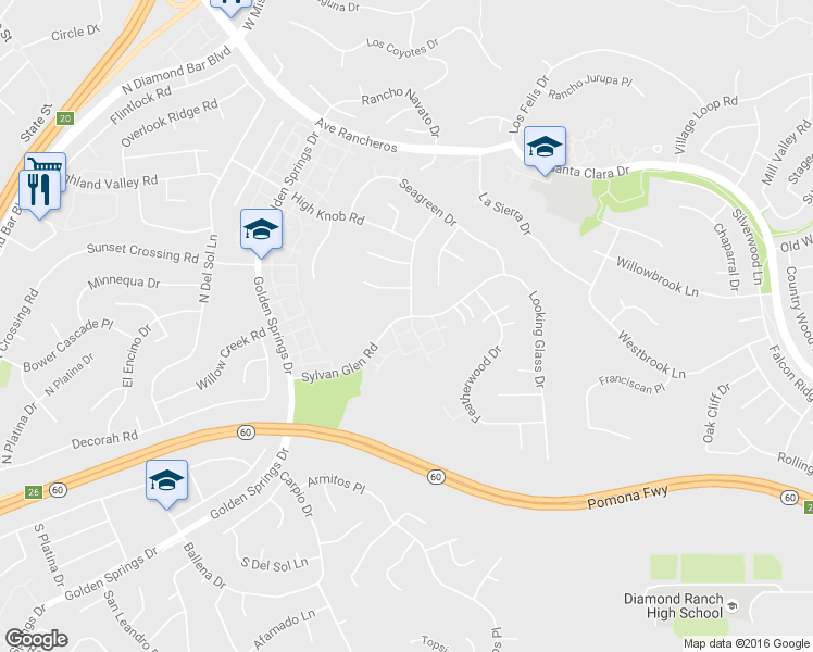 map of restaurants, bars, coffee shops, grocery stores, and more near 24202 Sylvan Glen Road in Diamond Bar