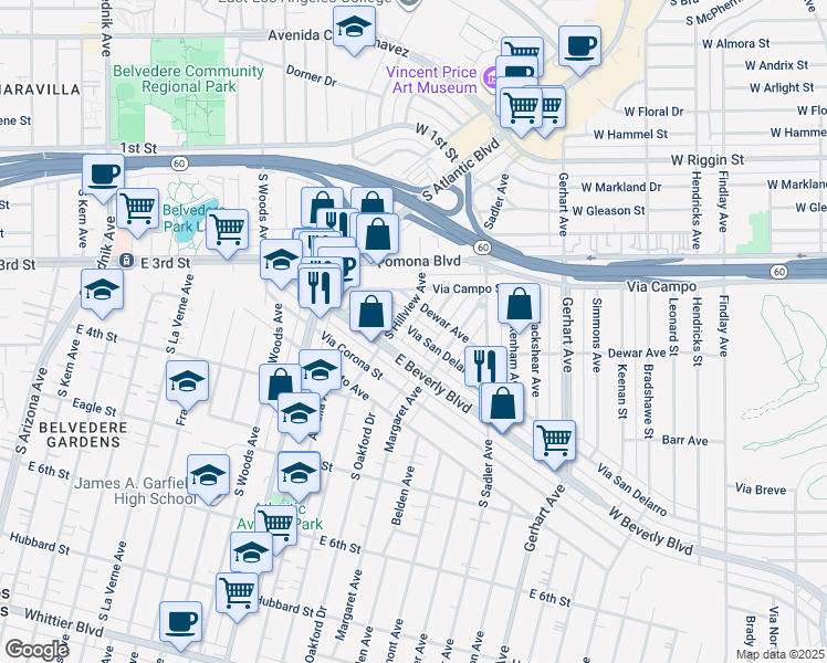 map of restaurants, bars, coffee shops, grocery stores, and more near 5319 East Beverly Boulevard in East Los Angeles