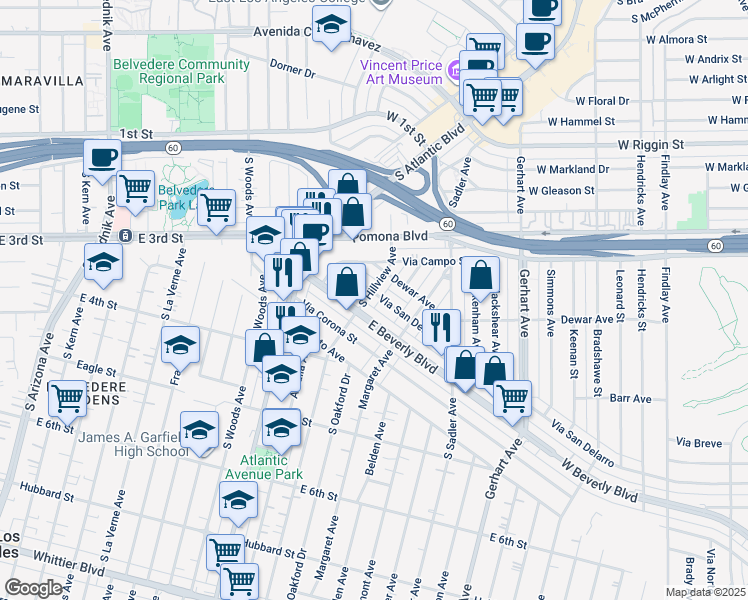 map of restaurants, bars, coffee shops, grocery stores, and more near 5319 East Beverly Boulevard in East Los Angeles