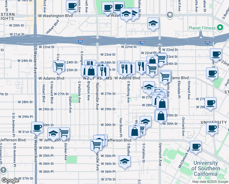 map of restaurants, bars, coffee shops, grocery stores, and more near 1604 West 27th Street in Los Angeles