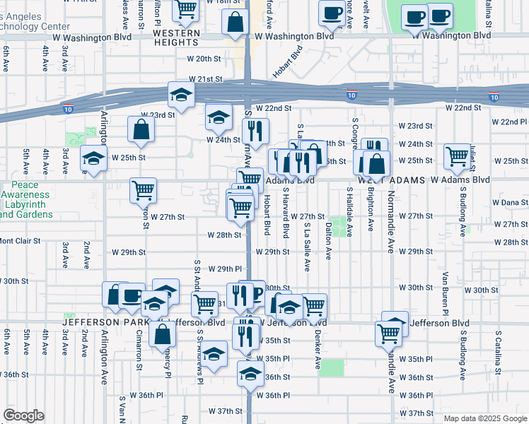 map of restaurants, bars, coffee shops, grocery stores, and more near 2707 South Hobart Boulevard in Los Angeles