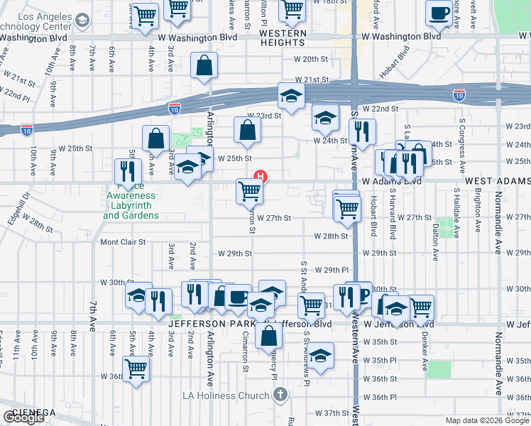 map of restaurants, bars, coffee shops, grocery stores, and more near 2170 West 27th Street in Los Angeles