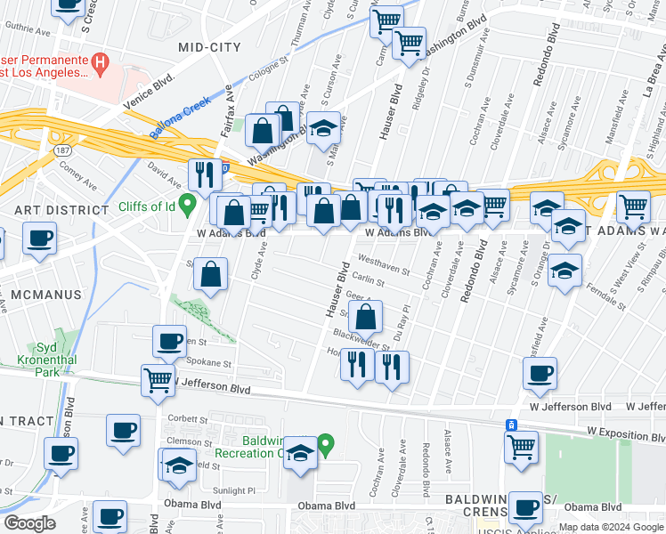 map of restaurants, bars, coffee shops, grocery stores, and more near 5503 Geer Avenue in Los Angeles
