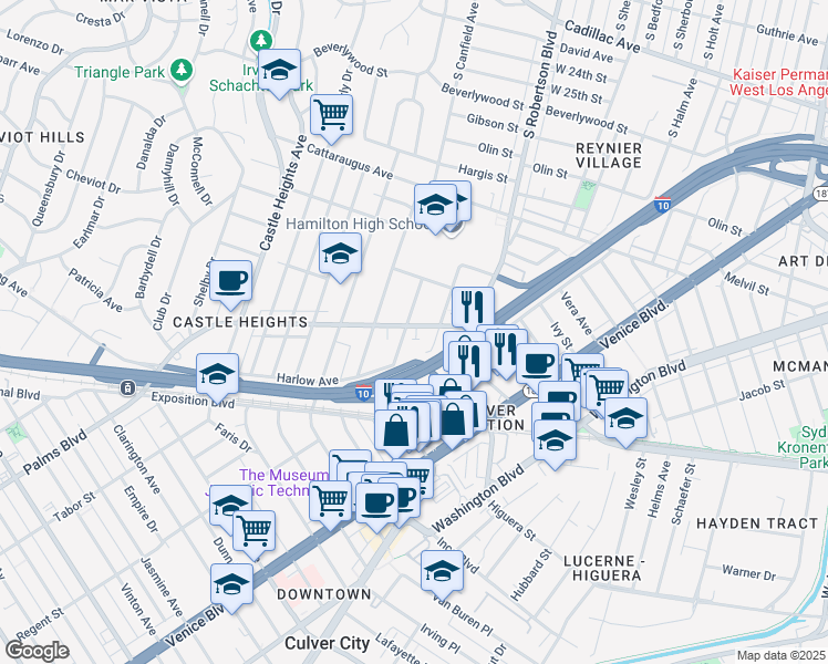 map of restaurants, bars, coffee shops, grocery stores, and more near 3326 Durango Avenue in Los Angeles