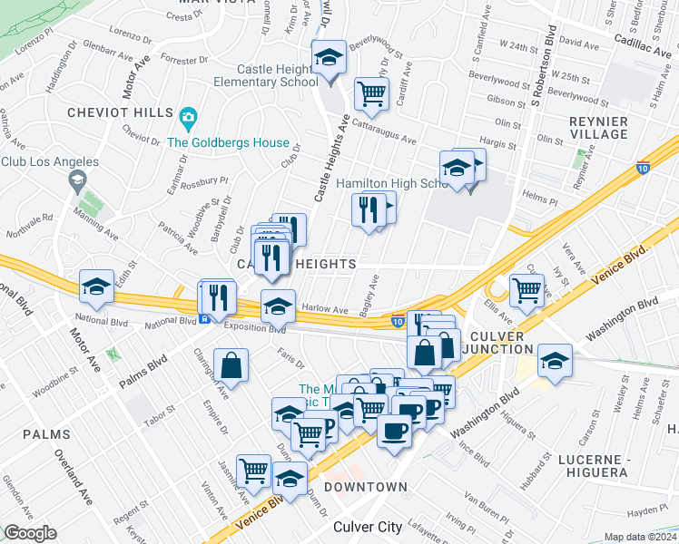 map of restaurants, bars, coffee shops, grocery stores, and more near 3326 Cardiff Avenue in Los Angeles