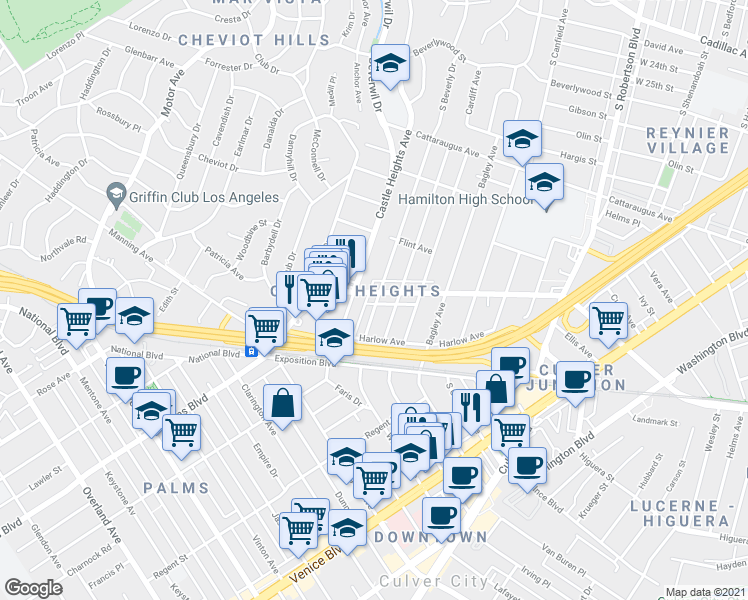 map of restaurants, bars, coffee shops, grocery stores, and more near 3637 Glendon Avenue in Los Angeles