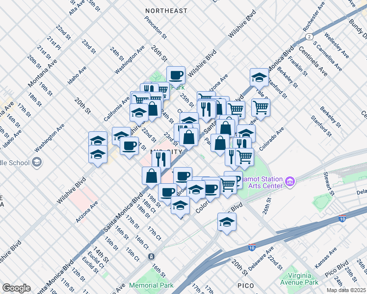map of restaurants, bars, coffee shops, grocery stores, and more near 2232 Santa Monica Boulevard in Santa Monica
