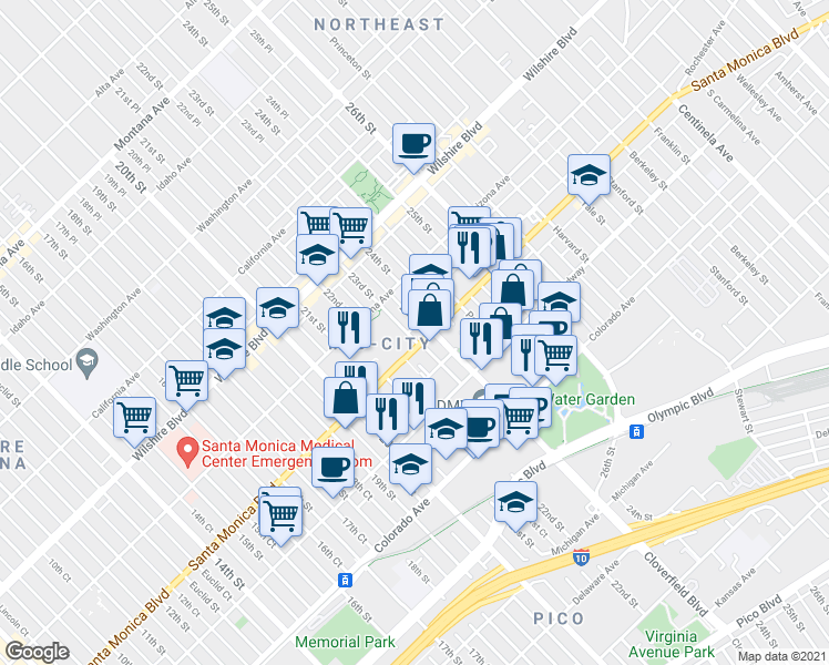 map of restaurants, bars, coffee shops, grocery stores, and more near 2232 Santa Monica Boulevard in Santa Monica