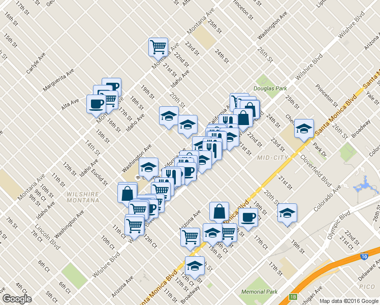 map of restaurants, bars, coffee shops, grocery stores, and more near 1122 18th Street in Santa Monica