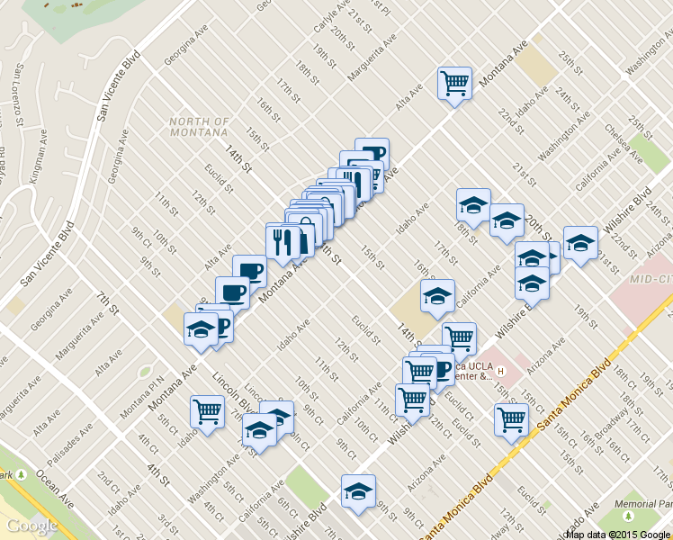 map of restaurants, bars, coffee shops, grocery stores, and more near in Santa Monica