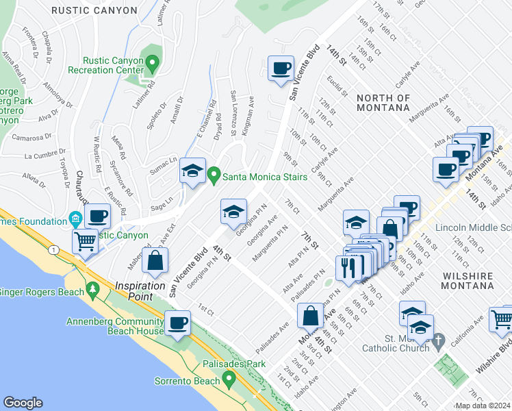 map of restaurants, bars, coffee shops, grocery stores, and more near 607 Georgina Avenue in Santa Monica