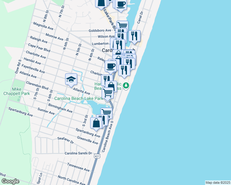 map of restaurants, bars, coffee shops, grocery stores, and more near 303 Carolina Beach Avenue South in Carolina Beach