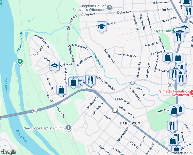map of restaurants, bars, coffee shops, grocery stores, and more near 3637 Falling Springs Road in Columbia