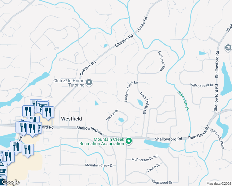 map of restaurants, bars, coffee shops, grocery stores, and more near 4931 Carriage Lakes Drive Northeast in Roswell