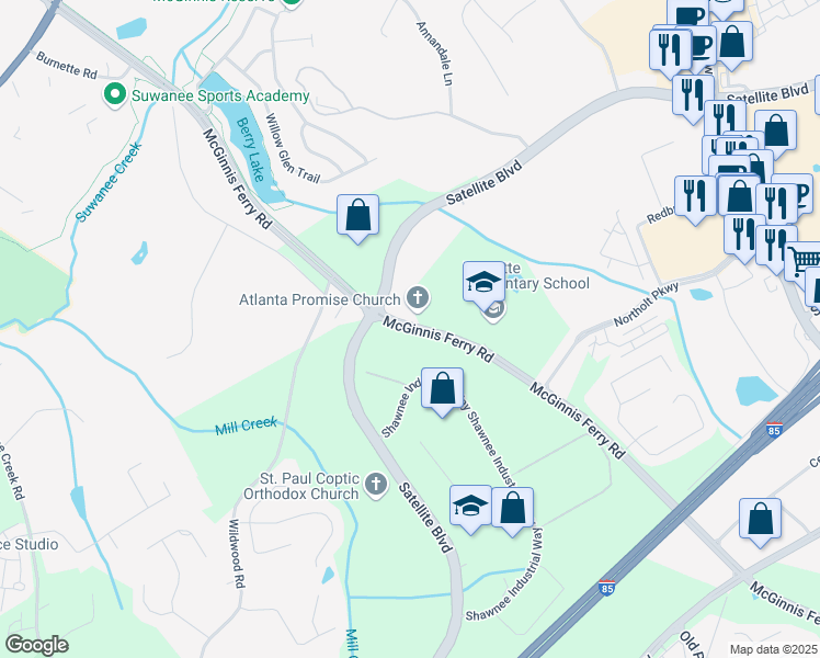 map of restaurants, bars, coffee shops, grocery stores, and more near 3221 McGinnis Ferry Road in Suwanee