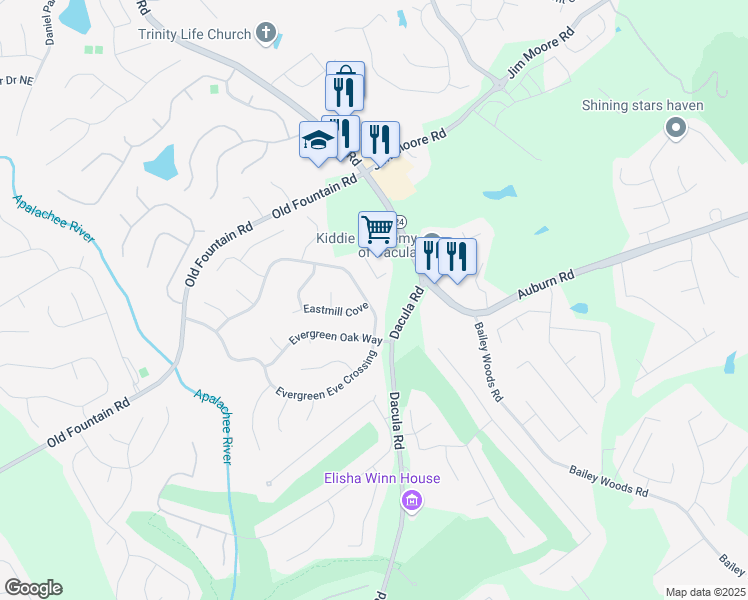 map of restaurants, bars, coffee shops, grocery stores, and more near 2955 Evergreen Eve Crossing in Dacula