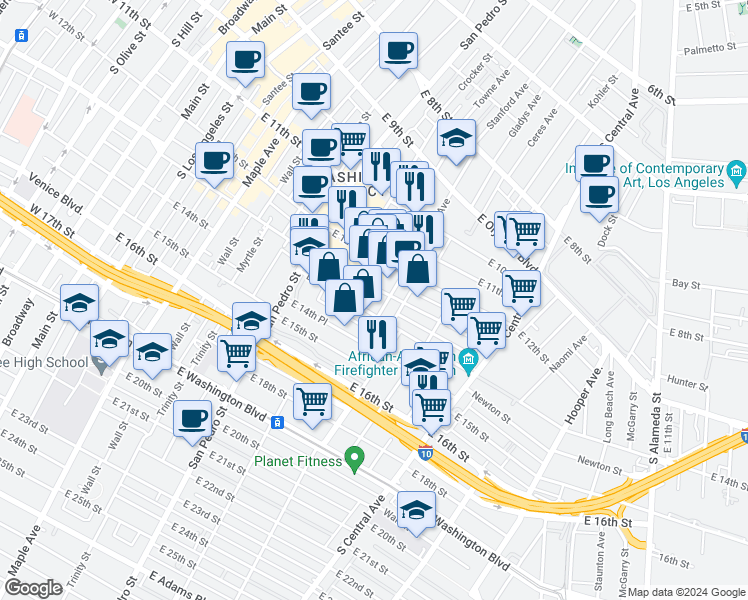 map of restaurants, bars, coffee shops, grocery stores, and more near 820 East 14th Street in Los Angeles