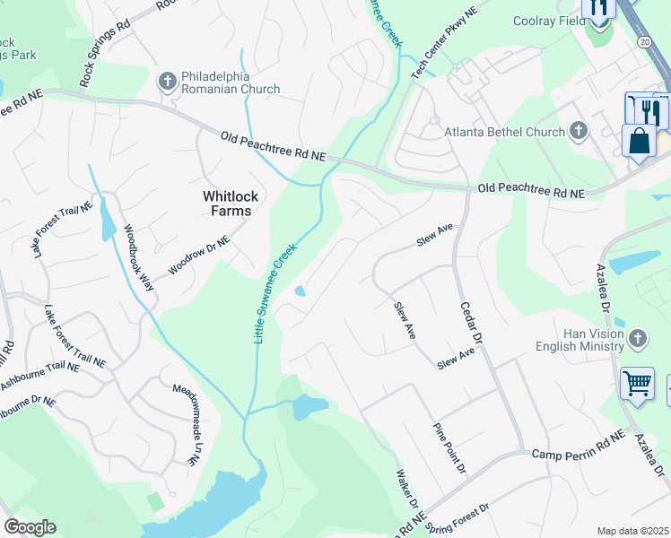map of restaurants, bars, coffee shops, grocery stores, and more near 2272 Young America Drive Northeast in Lawrenceville