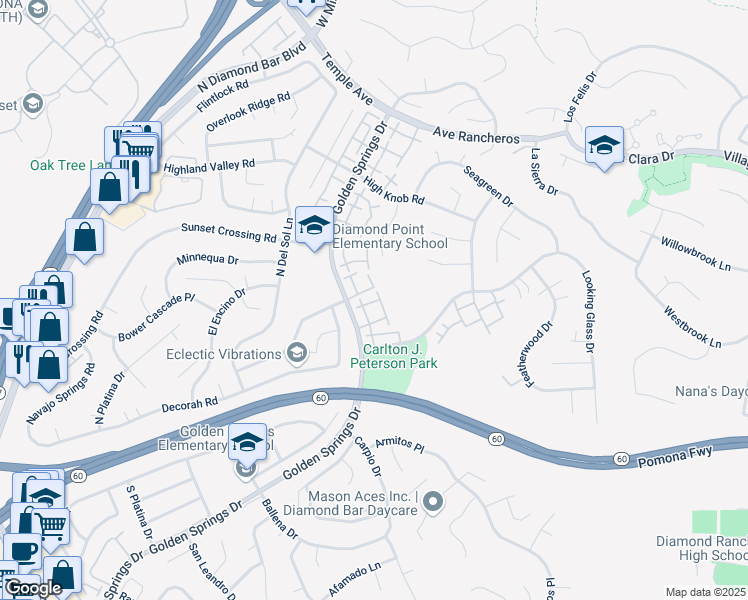map of restaurants, bars, coffee shops, grocery stores, and more near 454 Golden Springs Drive in Diamond Bar
