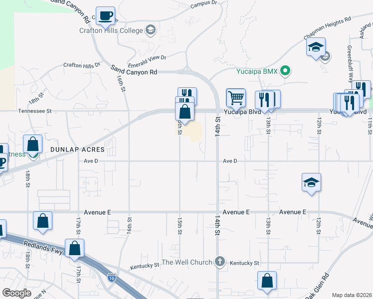 map of restaurants, bars, coffee shops, grocery stores, and more near 12245 15th Street in Yucaipa