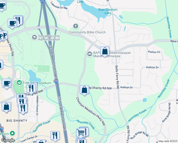 map of restaurants, bars, coffee shops, grocery stores, and more near 225 Chastain Meadows Court in Kennesaw