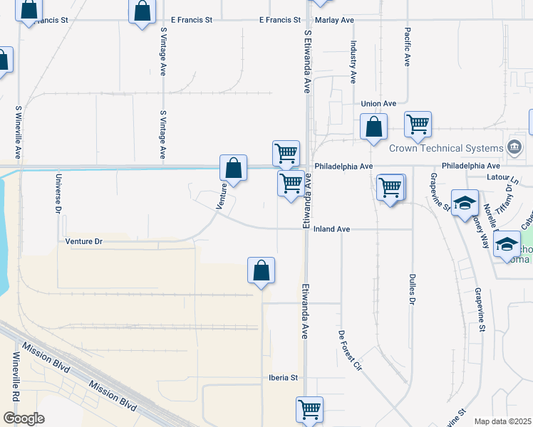 map of restaurants, bars, coffee shops, grocery stores, and more near 11095 Inland Avenue in Jurupa Valley