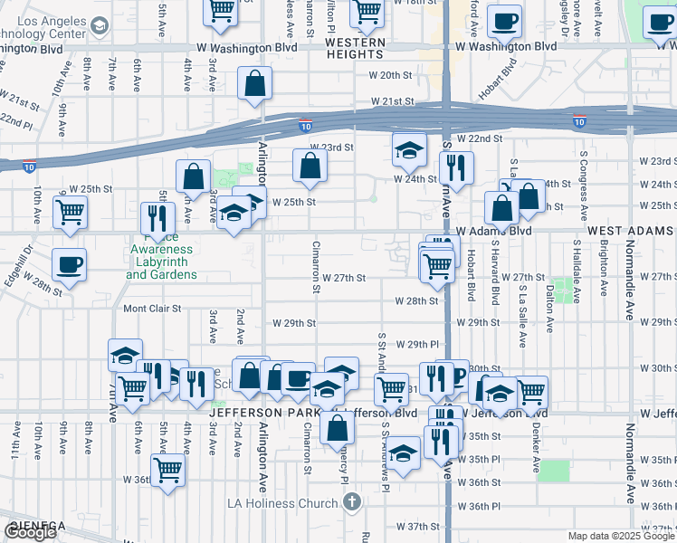map of restaurants, bars, coffee shops, grocery stores, and more near 2 West 27th Street in Los Angeles