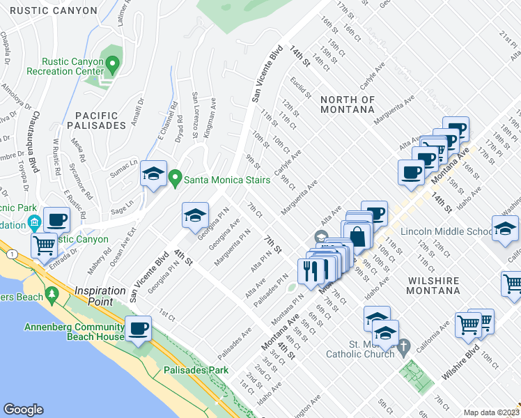 map of restaurants, bars, coffee shops, grocery stores, and more near 438 Lincoln Boulevard in Santa Monica