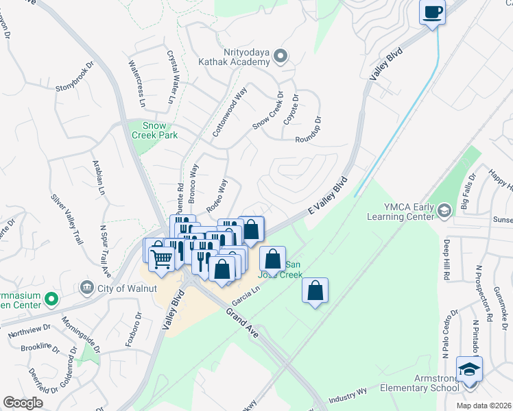 map of restaurants, bars, coffee shops, grocery stores, and more near 21863-21917 Valley Blvd in Walnut