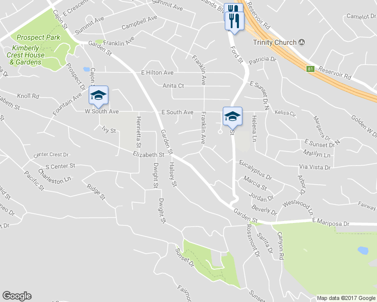 map of restaurants, bars, coffee shops, grocery stores, and more near 1582 Franklin Avenue in Redlands