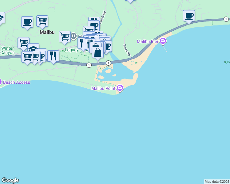 map of restaurants, bars, coffee shops, grocery stores, and more near 119 Malibu Colony Road in Malibu