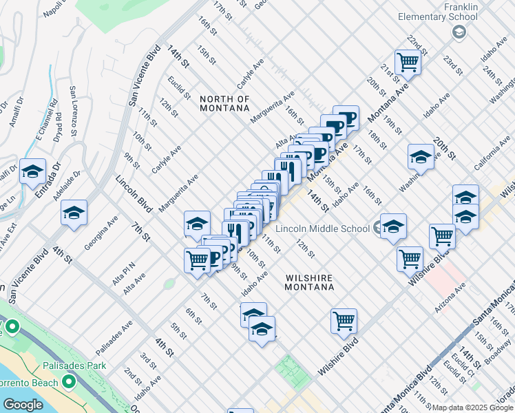 map of restaurants, bars, coffee shops, grocery stores, and more near 714 12th Street in Santa Monica