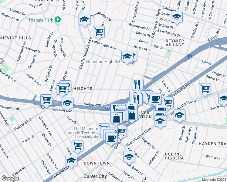 map of restaurants, bars, coffee shops, grocery stores, and more near 3301 Aria Lane in Los Angeles