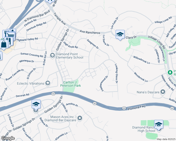 map of restaurants, bars, coffee shops, grocery stores, and more near 24202 Sylvan Glen Road in Diamond Bar