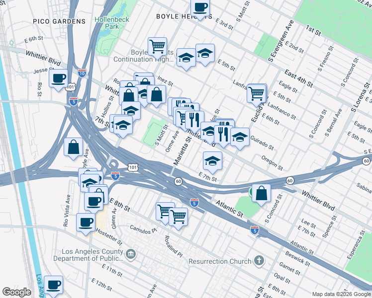 map of restaurants, bars, coffee shops, grocery stores, and more near in Los Angeles
