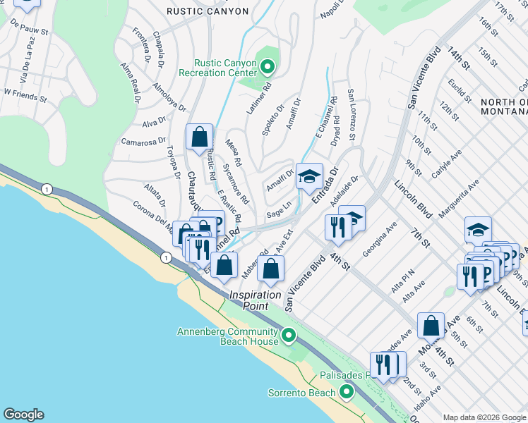 map of restaurants, bars, coffee shops, grocery stores, and more near 275 Amalfi Drive in Santa Monica