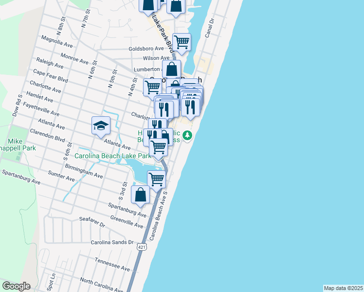 map of restaurants, bars, coffee shops, grocery stores, and more near 201 Carolina Beach Avenue South in Carolina Beach