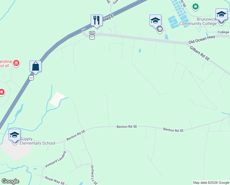 map of restaurants, bars, coffee shops, grocery stores, and more near 2553 Boones Neck Road Southwest in Brunswick County