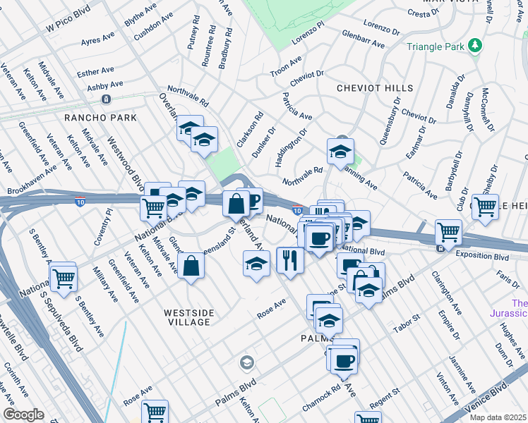 map of restaurants, bars, coffee shops, grocery stores, and more near 3189 Cheviot Vista Place in Los Angeles