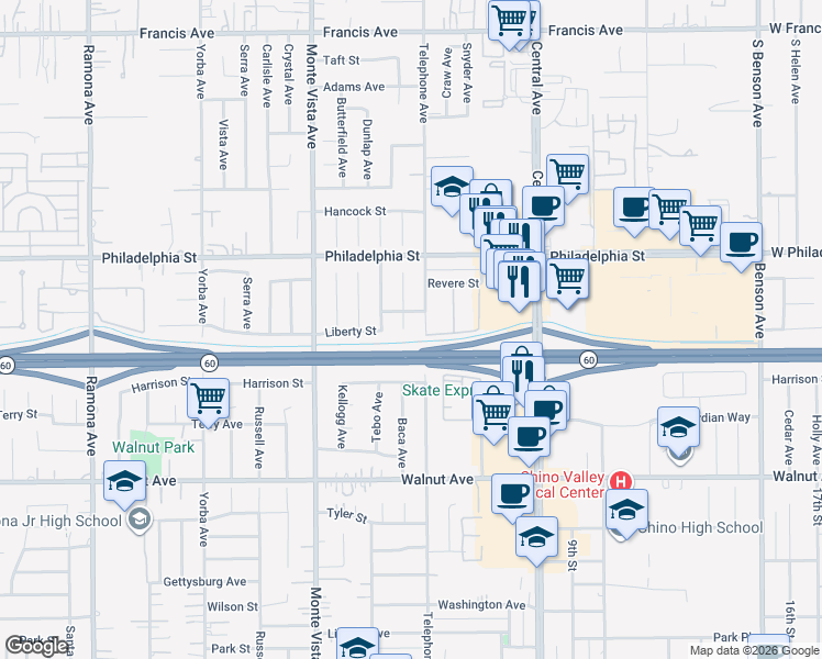 map of restaurants, bars, coffee shops, grocery stores, and more near 12225 Lester Court in Chino