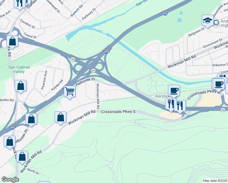 map of restaurants, bars, coffee shops, grocery stores, and more near 2303 Holford Street in Whittier