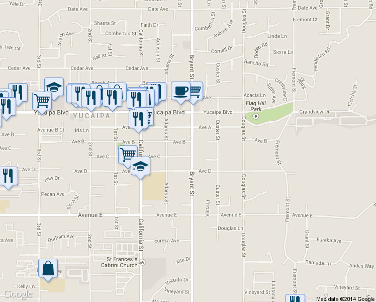map of restaurants, bars, coffee shops, grocery stores, and more near 12250 Bryant Street in Yucaipa