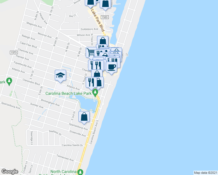 map of restaurants, bars, coffee shops, grocery stores, and more near 201 Carolina Beach Avenue South in Carolina Beach