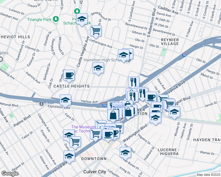 map of restaurants, bars, coffee shops, grocery stores, and more near 3301 Aria Lane in Los Angeles