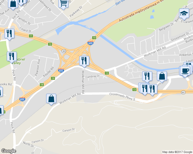 map of restaurants, bars, coffee shops, grocery stores, and more near 2303 Holford Street in Whittier