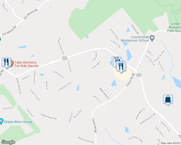map of restaurants, bars, coffee shops, grocery stores, and more near 3421 Lynley Mill Lane in Dacula