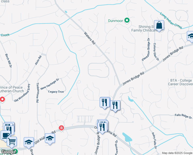 map of restaurants, bars, coffee shops, grocery stores, and more near 10055 Lauren Hall Court in Alpharetta