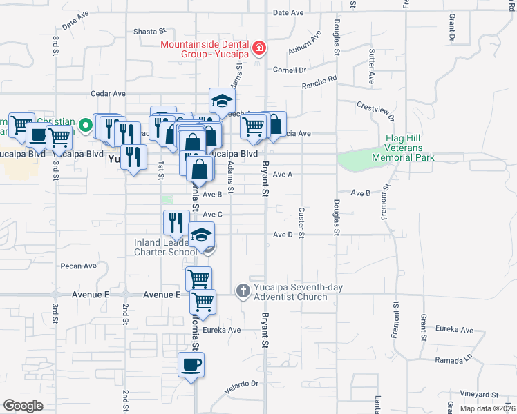 map of restaurants, bars, coffee shops, grocery stores, and more near 12250 Bryant Street in Yucaipa
